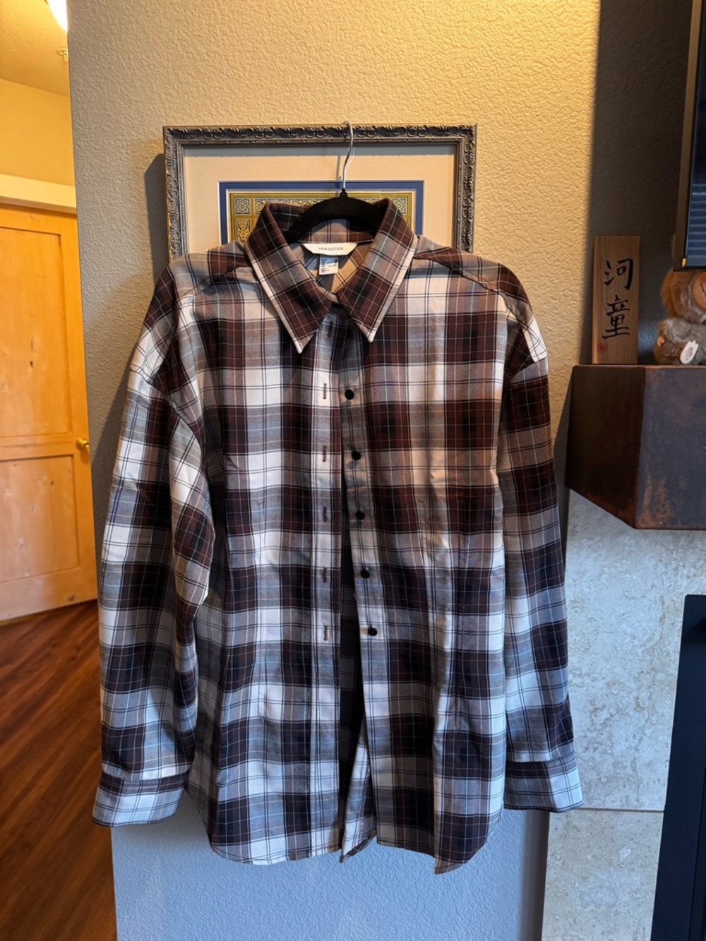 Plaid Brown & Cream Button-Down Shirt — Women's tapered Collared Top - Picture 2 of 12